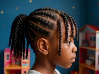 A young girl with neat twisted braids styled into a ponytail, seen from the side, standing in a colorful playroom with a dollhouse in the background.