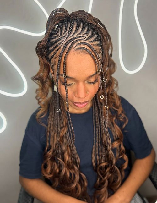 High ponytail French curl braids with cascading curls