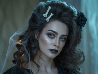 Woman with voluminous dark wavy hair styled for Halloween, decorated with bone hairpins, cobwebs, and a black rose, wearing dark makeup and a mysterious expression.