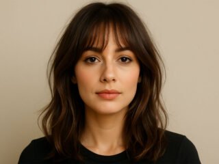 A woman with soft, wavy brown hair and wispy bangs looking directly at the camera against a neutral background.