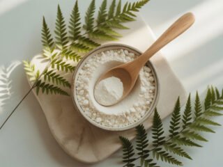 A bowl of white collagen powder with a wooden spoon on top, surrounded by green fern leaves in soft natural light.