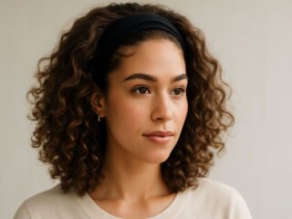 A young woman with shoulder-length curly hair wearing a black headband, looking slightly to the side against a soft, neutral background.