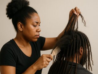 A woman carefully detangling long, mature locs on someone&rsquo;s head using a comb, focusing gently to avoid damage.