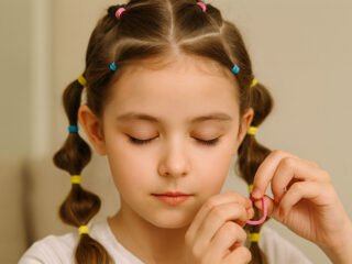 A young girl with colorful elastic hair ties in her braids closes her eyes while gently holding a pink hair tie.