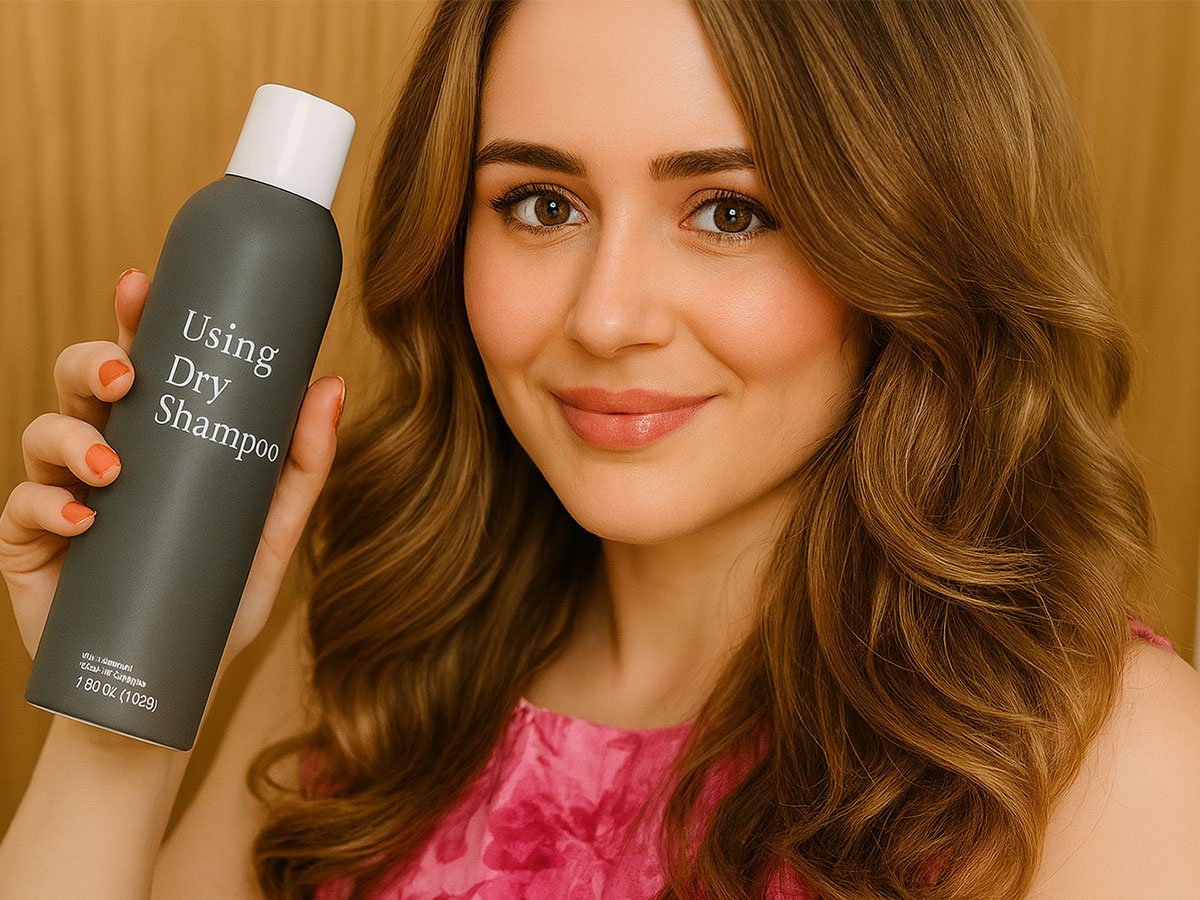 A woman with long wavy hair smiles while holding a can of dry shampoo in her hand.