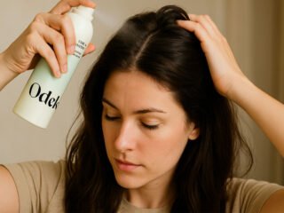 A woman sprays Odele dry shampoo onto her dark hair, holding the bottle above her head while massaging her roots.