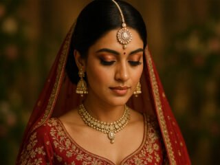 South Asian bride wearing a maang tikka, red bridal outfit, and gold jewelry with a sleek middle-parted bun.