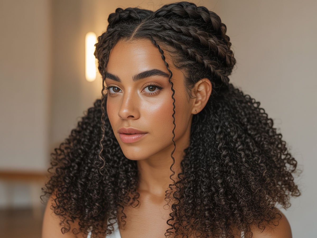 Woman with defined curly hair styled in two braided crown sections and loose spiral tendrils, photographed in soft, natural indoor lighting.