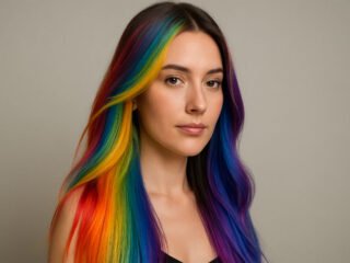 A young woman with long, smooth rainbow-colored hair looking confidently at the camera against a plain background.