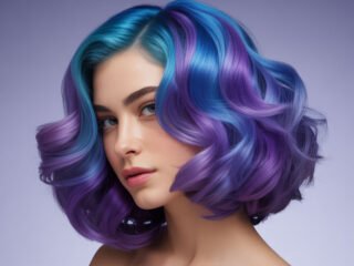 A realistic portrait of a woman with a short wavy bob dyed in vibrant blue and purple shades, styled in soft, voluminous curls against a smooth lavender background.