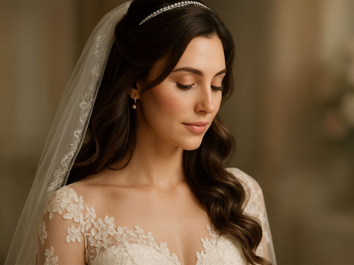 Christian bride with soft curls, lace veil, and tiara posing in a 16:9 bridal portrait.