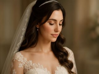 Christian bride with soft curls, lace veil, and tiara posing in a 16:9 bridal portrait.