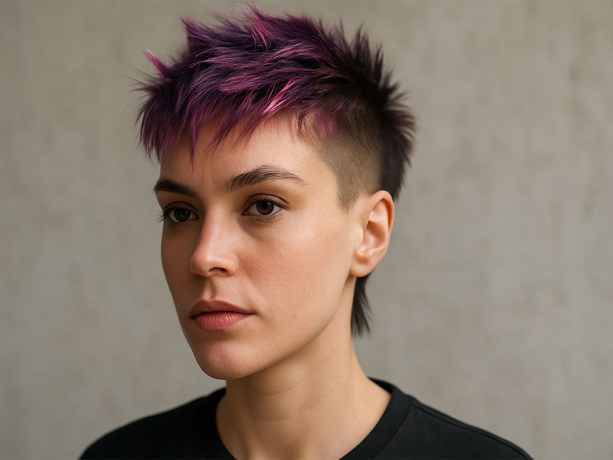 A young woman with a short punk hairstyle featuring choppy purple spikes and shaved sides, looking forward in natural light.