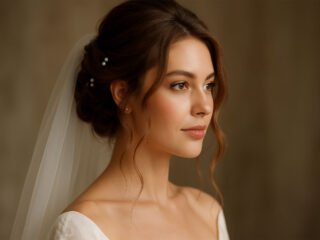A bride with a soft romantic updo, loose face-framing curls, pearl hair pins, and a sheer veil, captured in warm natural lighting.