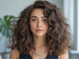 A woman with thick, defined 2C wavy hair looking forward in soft natural light.