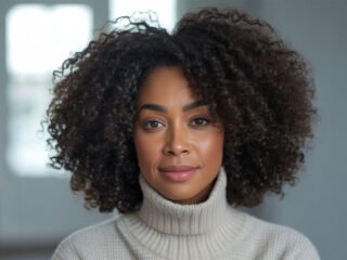 A woman with naturally curly hair wearing a light turtleneck sweater, looking directly at the camera with a calm expression, in a softly lit indoor setting.