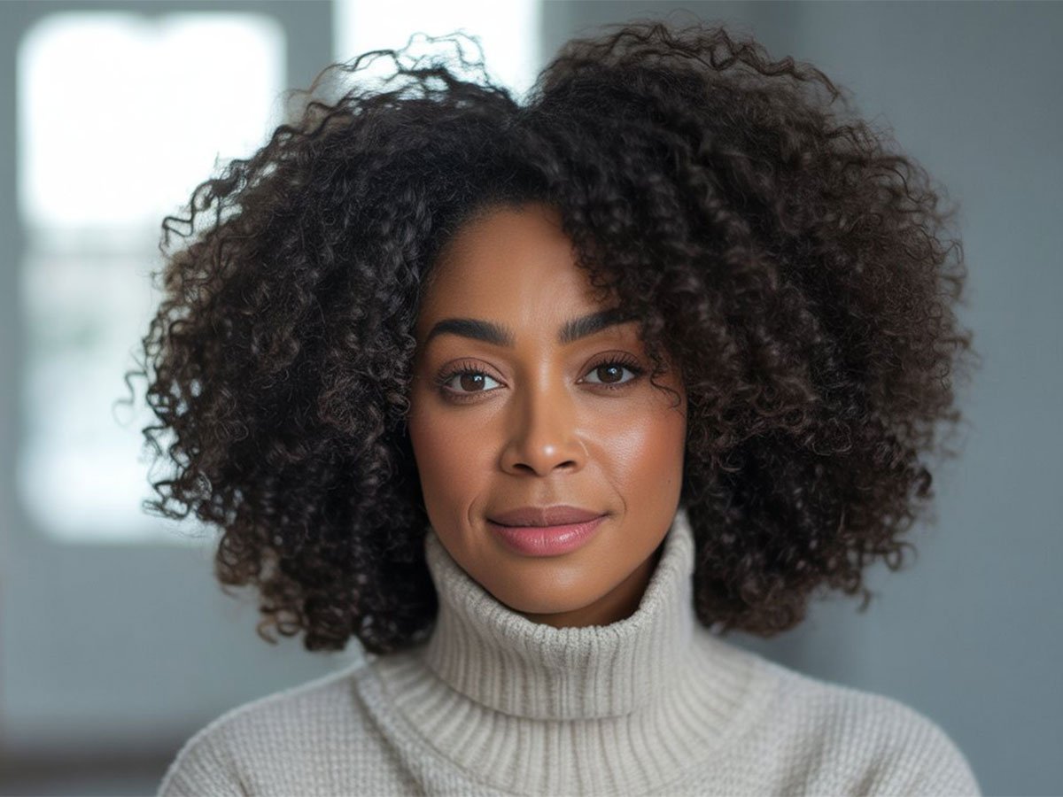 A woman with naturally curly hair wearing a light turtleneck sweater, looking directly at the camera with a calm expression, in a softly lit indoor setting.