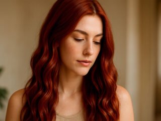 A close-up of a woman with long, wavy, deep reddish-brown henna-dyed hair looking down softly in natural warm lighting.