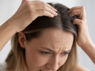A woman touching her scalp with both hands, looking worried as she examines the top of her head in a close-up view.