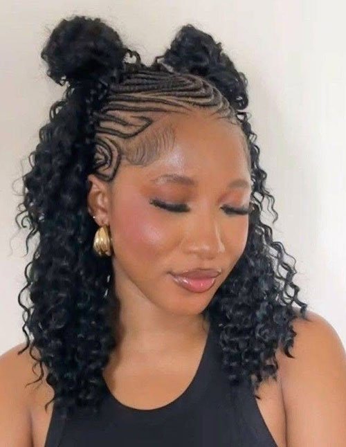 Half-up tribal cornrows with curly weave ponytail