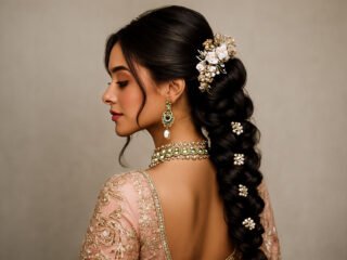 A woman in a pink embroidered blouse with a long, voluminous bubble braid decorated with flowers and pearls, wearing elegant jewelry and soft face-framing curls.