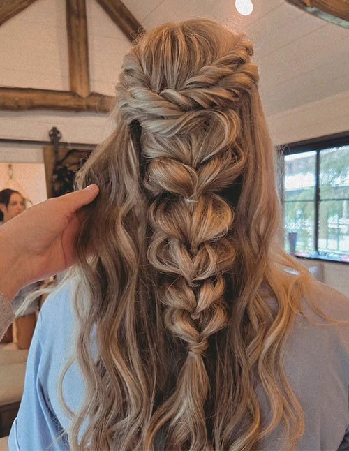 Boho cascading pull-through braid with soft waves for engagement
