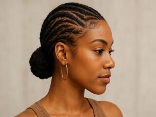 Side-profile portrait of a Black woman with a neat freehand cornrow hairstyle pulled into a low bun, wearing gold hoop earrings against a soft neutral background.