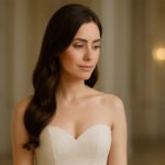 &ldquo;A woman in a strapless white dress with long, smooth, wavy dark hair styled to one side, looking down softly in an elegant indoor setting.&rdquo;