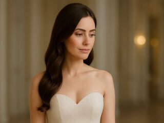 &ldquo;A woman in a strapless white dress with long, smooth, wavy dark hair styled to one side, looking down softly in an elegant indoor setting.&rdquo;