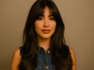 A woman with long layered black hair and soft curtain bangs, wearing a denim top, looking straight at the camera against a neutral background.