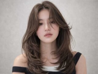 Young woman with soft, layered hush haircut and natural waves, posing against a light neutral background.