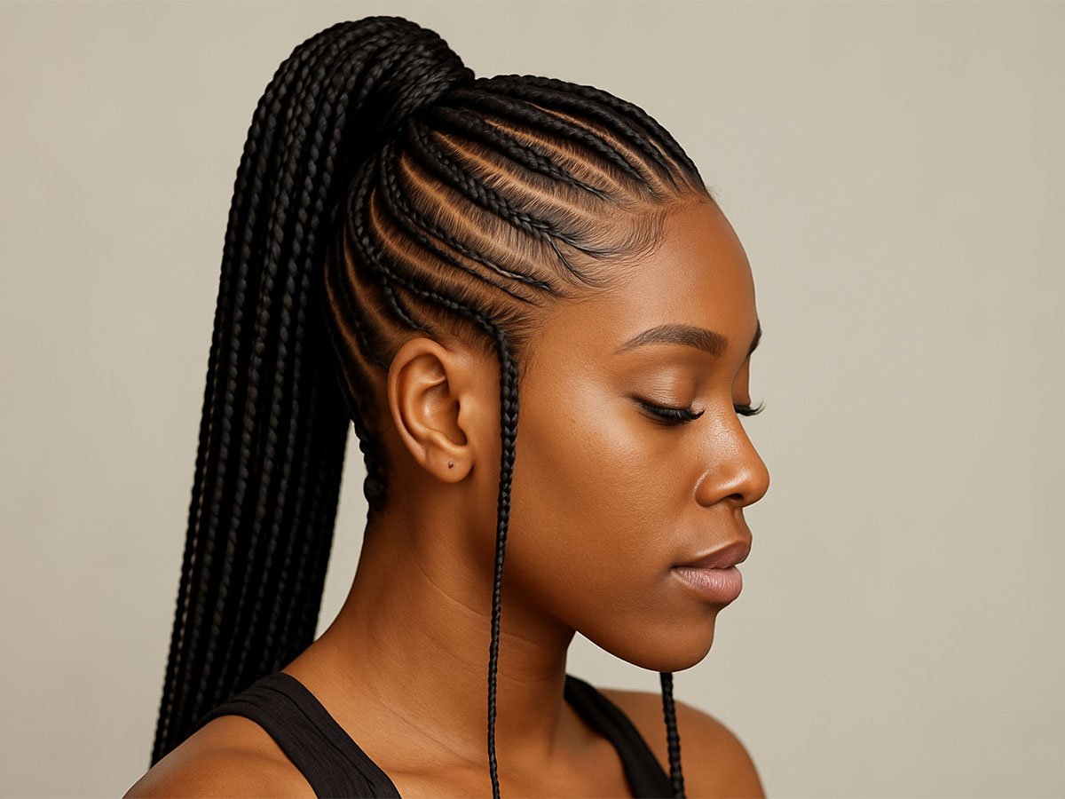 Black woman in profile with long, sleek high-ponytail cornrow braids, neat stitch-braid pattern, smooth edges, and a neutral background.