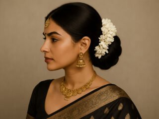 A woman in a black saree with a gold border, wearing traditional gold jewelry. Her hair is styled in a sleek low bun decorated with white jasmine flowers and a smooth center part.