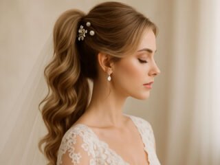 Bride with long wavy ponytail, pearl hairpins, lace gown, and soft natural lighting in a side-profile pose.