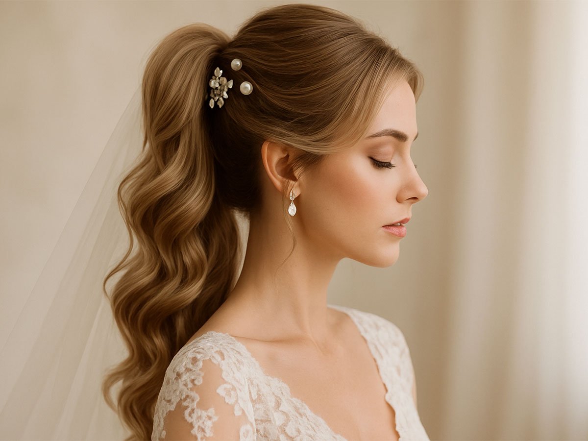 Bride with long wavy ponytail, pearl hairpins, lace gown, and soft natural lighting in a side-profile pose.
