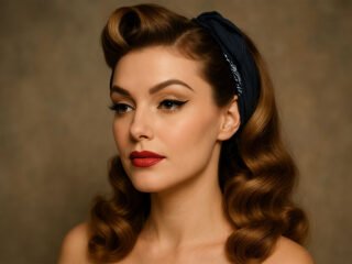 A woman with vintage 1940s pin-up curls, winged eyeliner, red lipstick, and a navy headband, posing against a soft brown background.