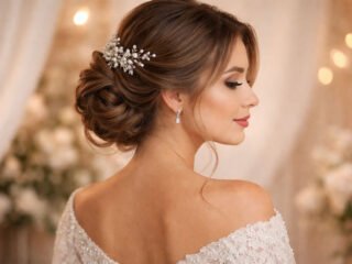 Bride wearing a textured low bun hairstyle with soft Hollywood waves and a delicate pearl hair accessory at the reception.