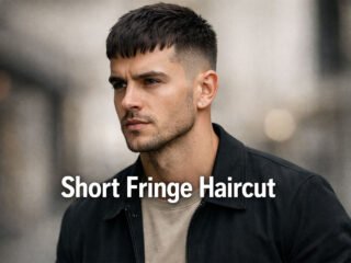 Man with a modern short fringe haircut, featuring a textured top and faded sides, wearing a black jacket in an urban setting.