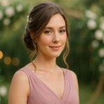 A beautiful bridesmaid with a soft updo hairstyle and loose face-framing curls, wearing a dusty rose dress and standing outdoors with a blurred floral background.