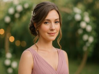 A beautiful bridesmaid with a soft updo hairstyle and loose face-framing curls, wearing a dusty rose dress and standing outdoors with a blurred floral background.