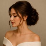 A woman in an off-shoulder white gown with a soft, elegant low bun featuring loose face-framing curls, captured in a realistic side profile.