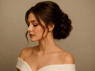 A woman in an off-shoulder white gown with a soft, elegant low bun featuring loose face-framing curls, captured in a realistic side profile.