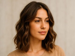 Portrait of a woman with soft, shoulder-length wavy hair, natural makeup, and a calm expression against a light neutral background.