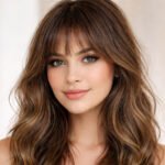 Realistic portrait of a young woman with soft curtain bangs and wavy hair, styled to flatter a round face shape.