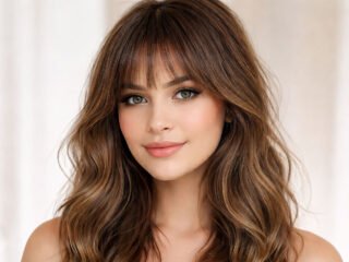 Realistic portrait of a young woman with soft curtain bangs and wavy hair, styled to flatter a round face shape.