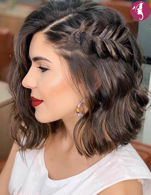 Textured wavy bob with side braid hairstyle