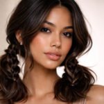 Shoulder-length braided pigtails hairstyle on female model, close-up salon portrait
