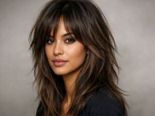 Long shag haircut on model with layered textured hair
