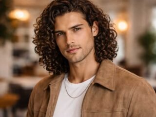 Handsome man with shoulder-length curly hair, wearing a beige suede jacket and a white t-shirt, with a silver chain necklace.