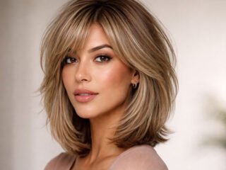 Hyper-realistic close-up portrait of a woman with a volumizing layered bob haircut for fine hair
